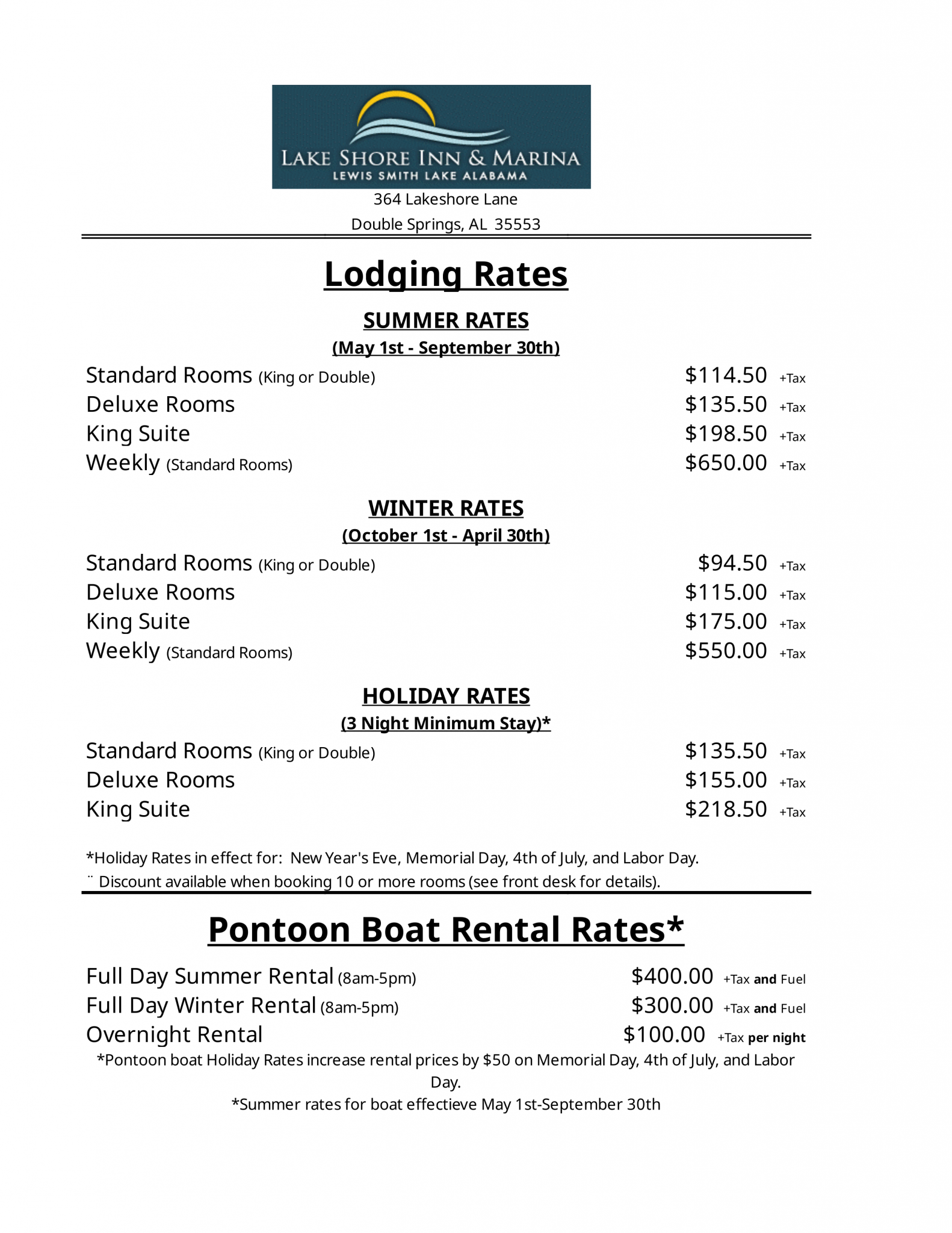 Inn Rates | Lakeshore